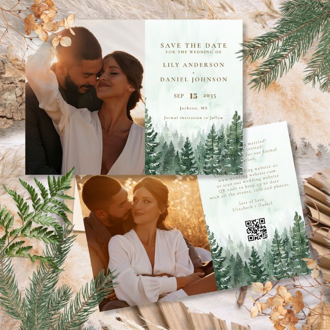 Rustik Vattenfärg Tall Skog Foto QR-kod Spara Datumet (Rustic Watercolor Pine Tree Forest Photo QR Code Save The Date)