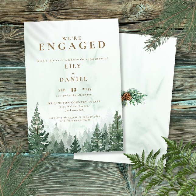 Rustik vattenfärg tallskog förlovningsfest inbjudningar (Rustic Watercolor Pine Forest Engagement Party Invitation)