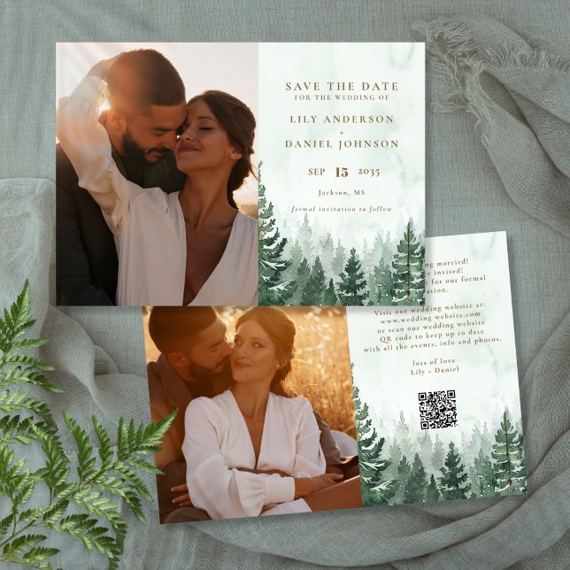 Rustik Vattenfärg Tallskog Foto QR-kod Spara Datumet (Rustic Watercolor Pine Forest Photo QR Code Save The Date)