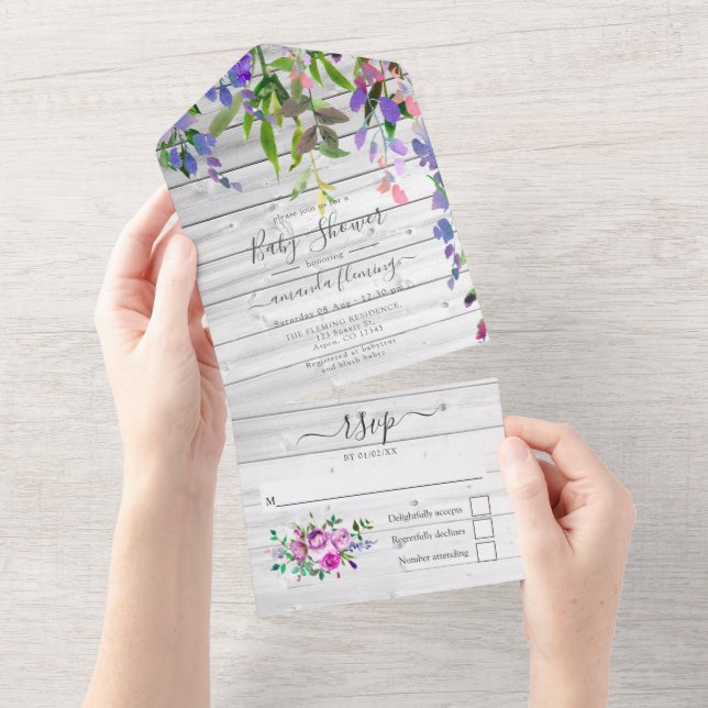 Rustik vattenfärg Violett Blommig Baby Shower Allt (Avrivbar del)