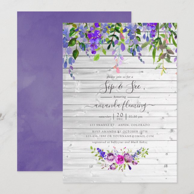 Rustik vattenfärg Violett Blommig Drick Och Se Inbjudningar (Fram/baksida)