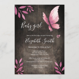 Rustik vattenfärgsbabydusch för rosa-fjäril inbjudningar