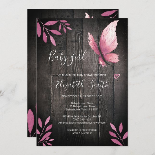 Rustik vattenfärgsbabydusch för rosa-fjäril inbjudningar (Fram/baksida)