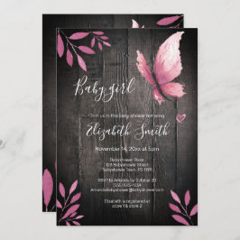 Rustik vattenfärgsbabydusch för rosa-fjäril inbjudningar