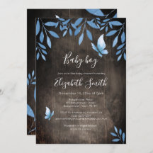 Rustik vattenfärgsblå butterfly blommigt babydusch