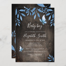 Rustik vattenfärgsblå butterfly blommigt babydusch inbjudningar