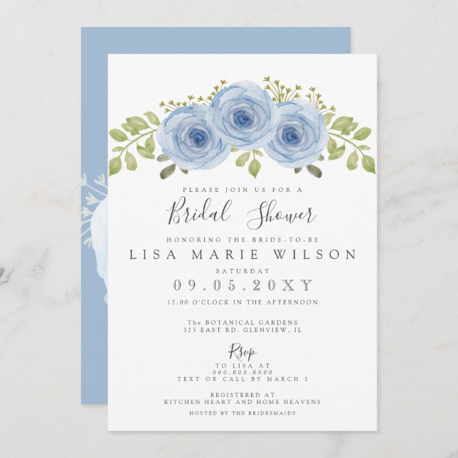 Rustik vattenfärgsfärgad Blommigt Dusty Blue-Möhip Inbjudningar (Fram/baksida)