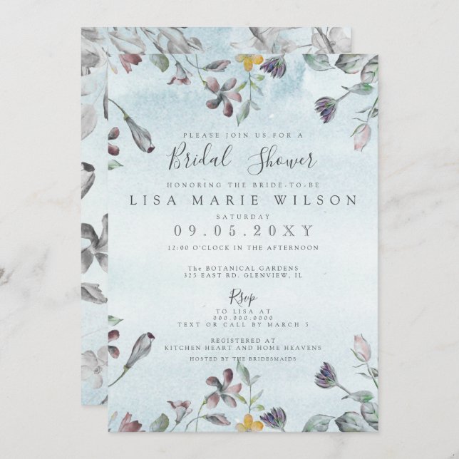 Rustik vattenfärgsfärgad Blommigt Dusty Blue-Möhip Inbjudningar (Fram/baksida)