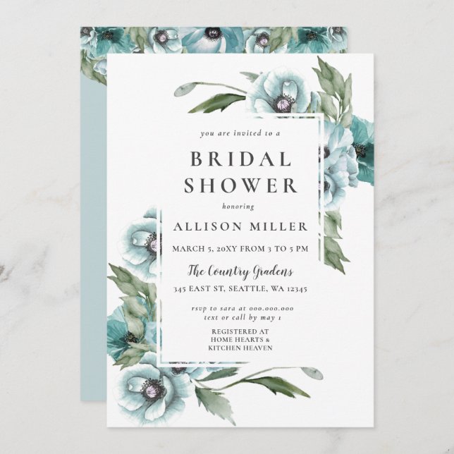 Rustik vattenfärgsfärgad Blommigt Dusty Blue-Möhip Inbjudningar (Fram/baksida)