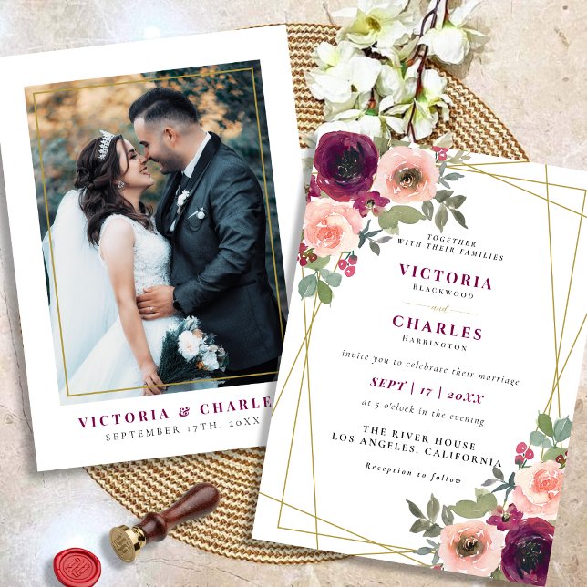 Rustik  vattenfärgsfärgsfoto Bröllop Inbjudningar (Rustic Blush Watercolor Floral Photo Wedding Invitation)