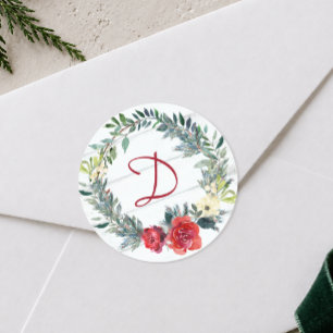 Rustik vattenfärgskransmonogram jul runt klistermärke