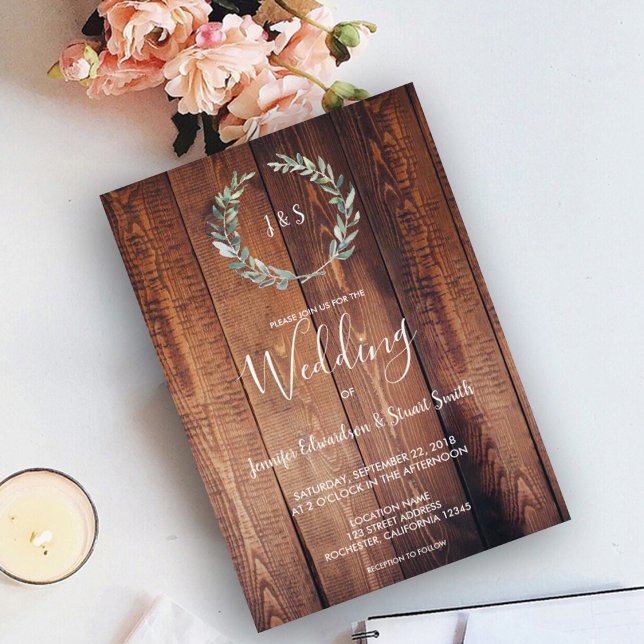 Rustik vattenfärgsolivolja löv monogram Bröllop Inbjudningar (Skapare uppladdad)