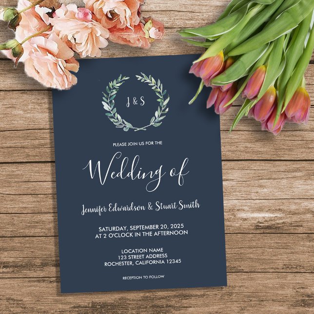 Rustik vattenfärgsolivolja löv monogram Bröllop Inbjudningar (Rustic watercolor olive leaves monogram Wedding Invitation.)