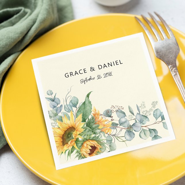 Rustik vattenfärgssolsikke Eukalyptus Bröllop Pappersservett (Rustic Watercolor Sunflower Eucalyptus Wedding Napkins)