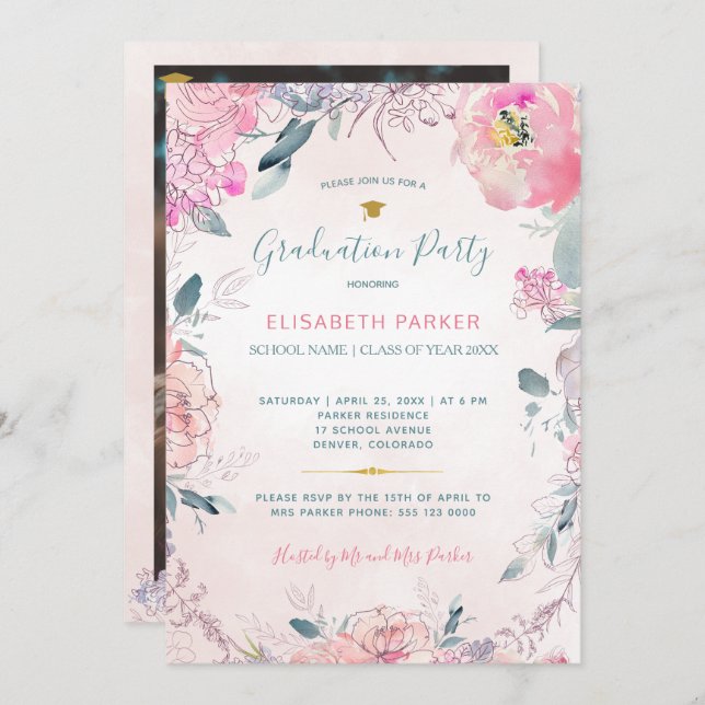 Rustik vattenfärgsstudentfest för blommigt-FOTO Inbjudningar (Fram/baksida)