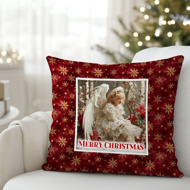 Rustik Viktoriansk Ängel Röd Guld Jul Christmas  Kudde (Rustic Victorian Angel Red Gold Holiday Christmas Pillow

)