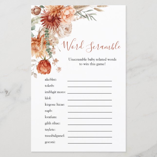 Rustik vildblomma baby shower ordklubbningsspel (Framsida)