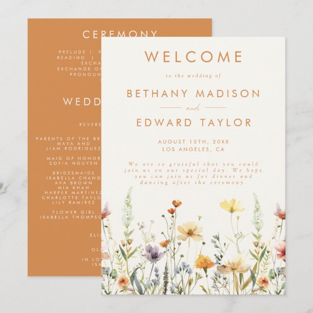 Rustik vildblomma bröllopsceremoni program (Fram/baksida)