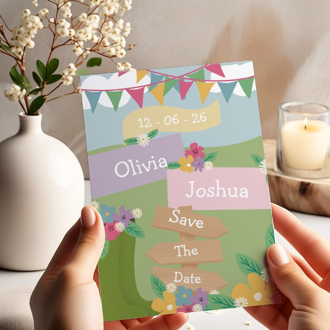 Rustik vildblomma med flaggor och skyltar Spara da Inbjudningar (Skapare uppladdad)