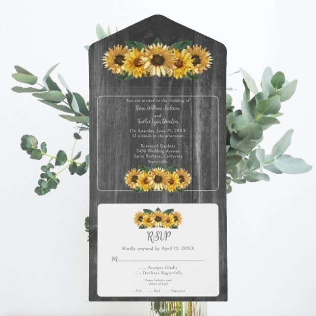 Rustik, viltlevande solros Bröllop (Rustic Weathered Sunflower Wedding All in One Invitation)