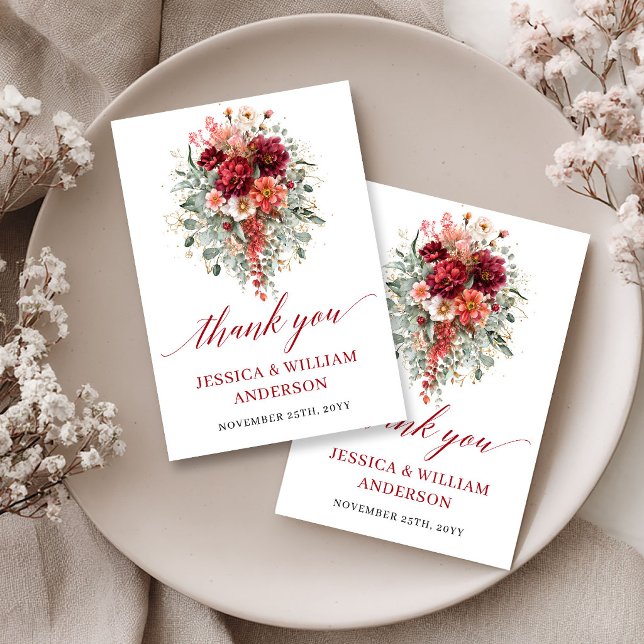 Rustik vinröd höstblomma tackkort tack kort (Rustic Maroon Autumn Floral Thank You Card

)