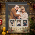 Rustik Vintage 4-foto God jul Hälsning<br><div class="desc">Rustiskt och nostalgiskt Julhälsningar kort som inspirerats av vintage och som innehåller stora fotomallar med tre små infogningsfoton på ramar på en osäker bakgrund med holly och evergreens i varma sepia-toner.</div>