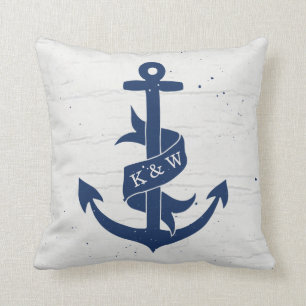 Rustik Vintage Anchor Monogram Pillow/Navy Kudde