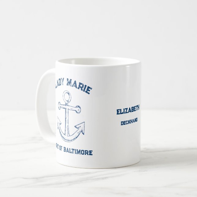 Rustik Vintage Ankare Marinblå Namn Hamn Kaffemugg (Framsida vänster)
