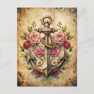 Rustik Vintage Ankare Rosor Ocean Marin Vykort