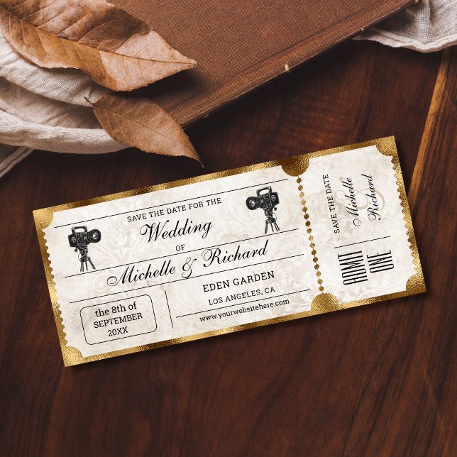 Rustik Vintage Biobiljett Spara Datumet Inbjudningar (rustic movie ticket save the date)