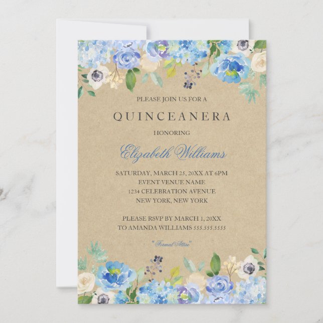 Rustik Vintage Blå Blommig Quinceanera Inbjudan (Framsida)