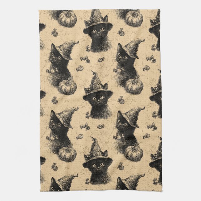 Rustik Vintage Black Cat Witch Halloween Mönster Kökshandduk (Vertikal)