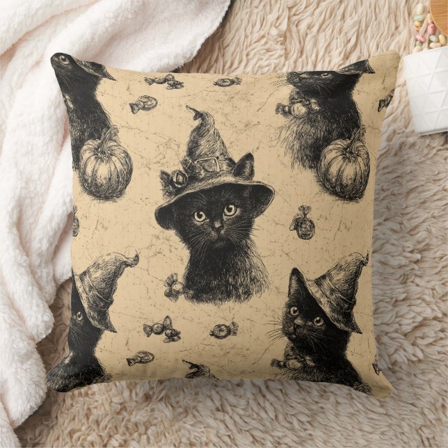 Rustik Vintage Black Cat Witch Halloween Mönster Kudde (Filt)