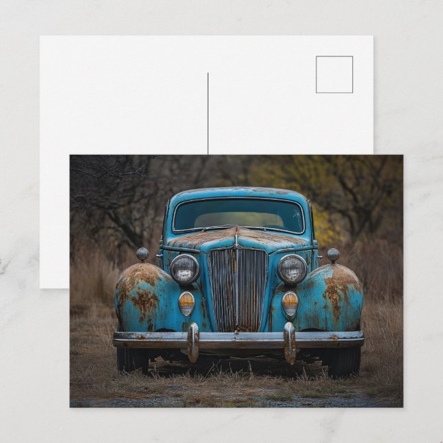 Rustik Vintage Blue Car Vykort (Fram/baksida)