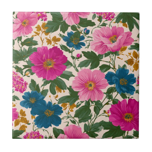 Rustik Vintage Blue och Rosa Blommönster Kakelplatta (Framsidan)