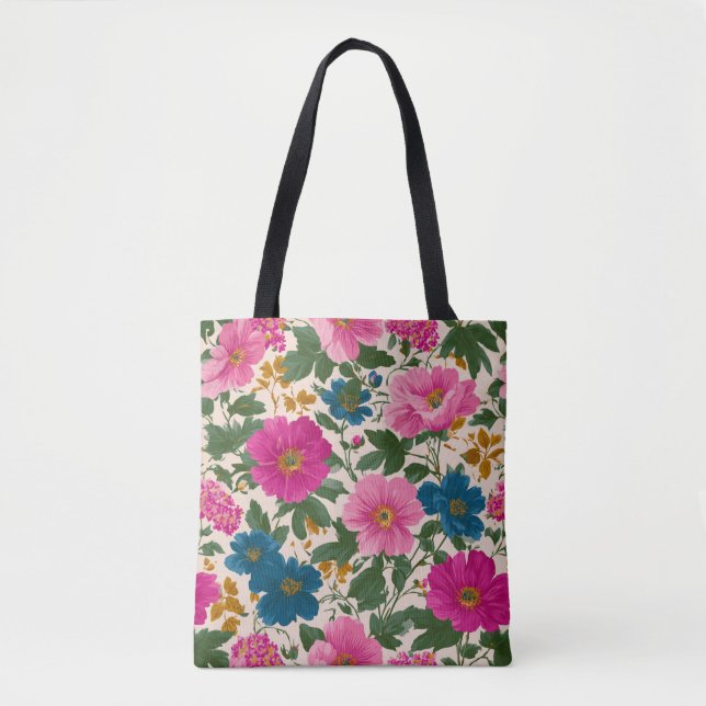 Rustik Vintage Blue och Rosa Blommönster Tygkasse (Framsida)