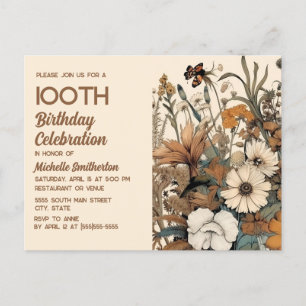 Rustik Vintage Brun Kräm Blommig 100-årsdag Inbjudan Vykort