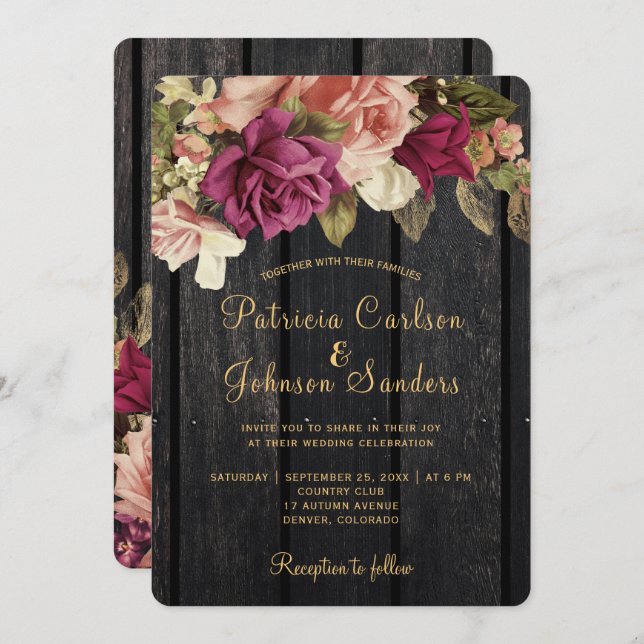 Rustik vintage burgundy blommigt, bröllop inbjudningar (Fram/baksida)