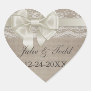 Rustik Vintage Burlap & Snöre Bröllop spara datum Hjärtformat Klistermärke