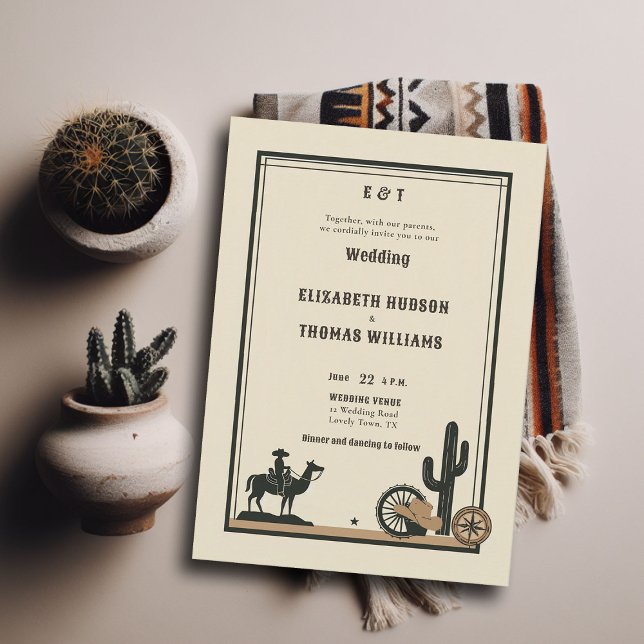 Rustik Vintage Cowboy Bröllop Elegant Landsbygd Inbjudningar (rustic vintage cowboy wedding invitation country western elegant frame horse hat cactus illustration)