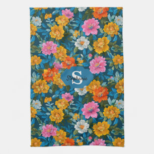 Rustik Vintage Färgämne i blått Blommönster (2) Kökshandduk
