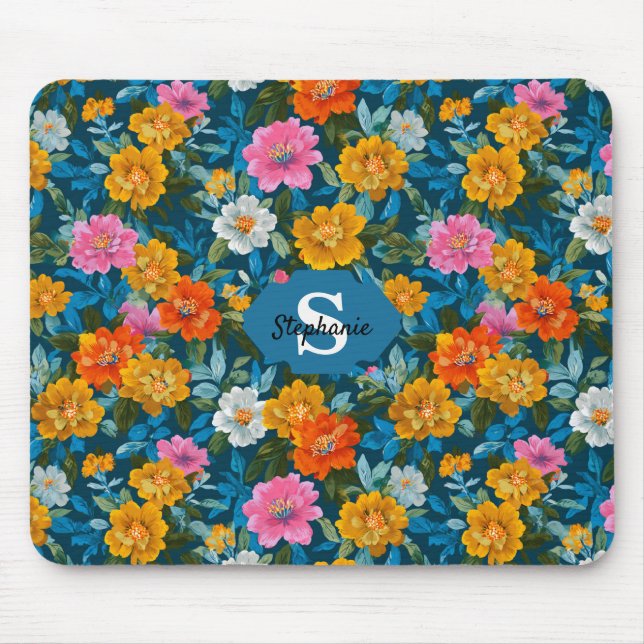 Rustik Vintage Färgämne i blått Blommönster (2) Musmatta (Framsidan)