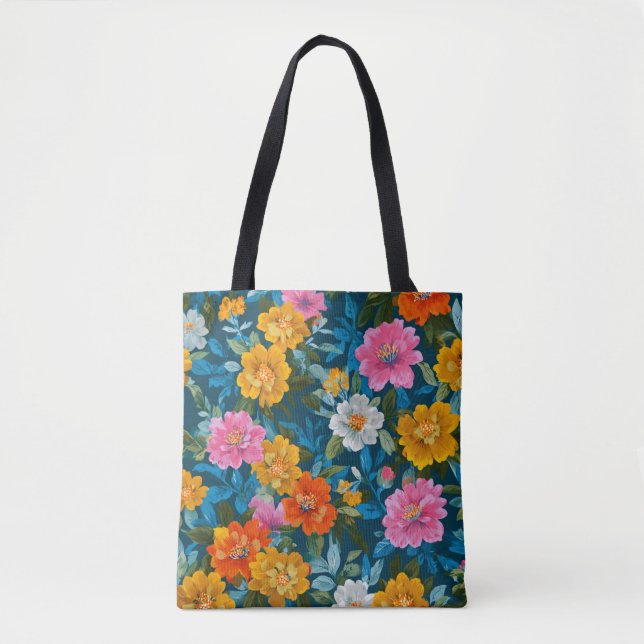 Rustik Vintage Färgämne i blått Blommönster (2) Tygkasse (Framsida)