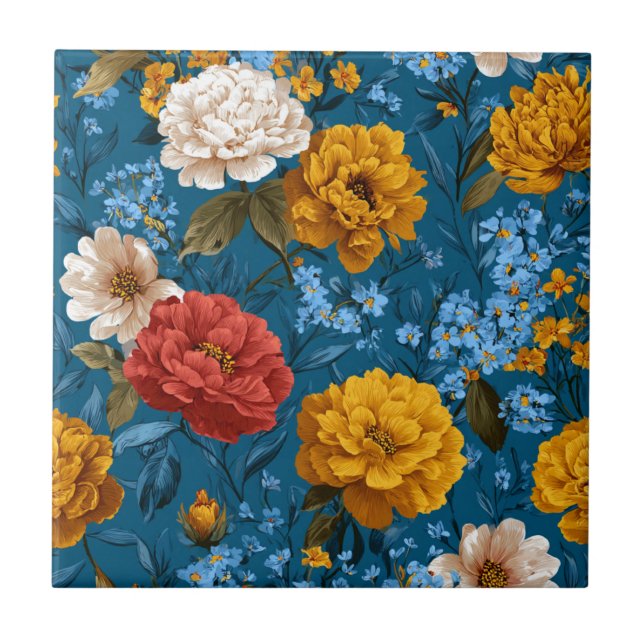 Rustik Vintage, färgstarkt Blommönster i blått Kakelplatta (Framsidan)