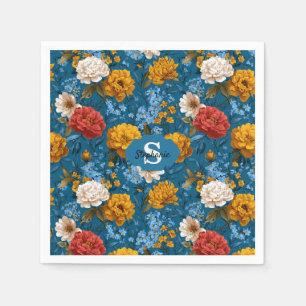 Rustik Vintage, färgstarkt Blommönster i blått Pappersservett