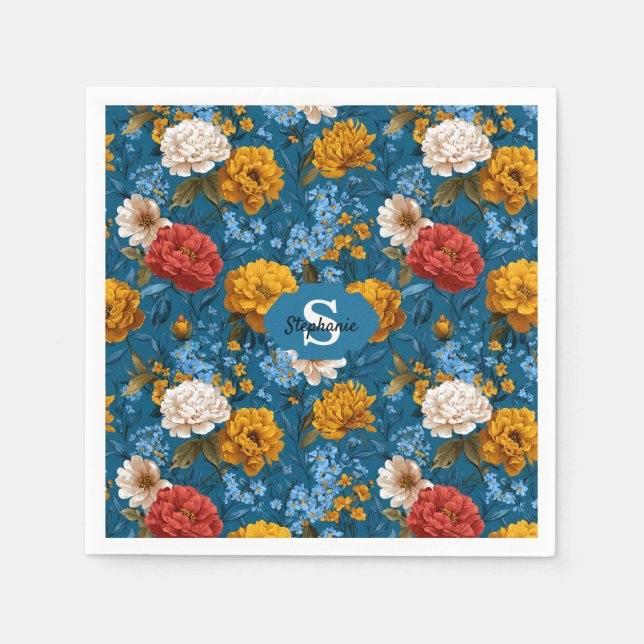 Rustik Vintage, färgstarkt Blommönster i blått Pappersservett (Framsidan)