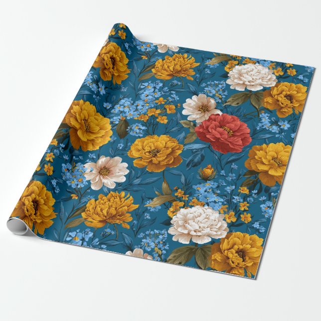 Rustik Vintage, färgstarkt Blommönster i blått Presentpapper (Utrullad)