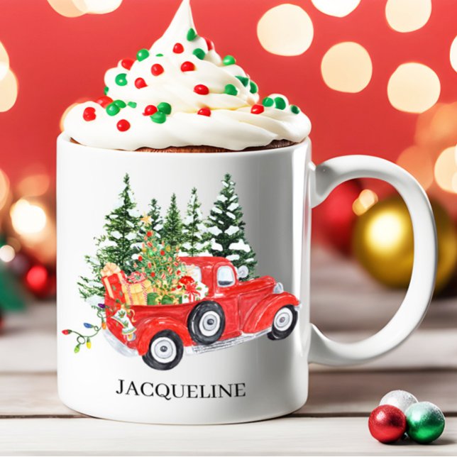 Rustik Vintage Lastbil Träd Snö, jul Namn Kaffemugg (Vintage red truck and Christmas trees personalized mug)