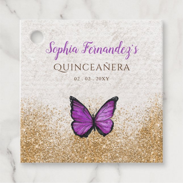 Rustik Vintage Lila Guld Fjäril Gåvor Etiketter (Framsida)