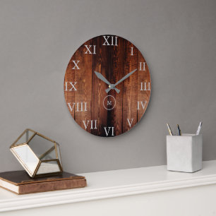 Rustik vintage mörkt trä romerska siffror monogram stor klocka